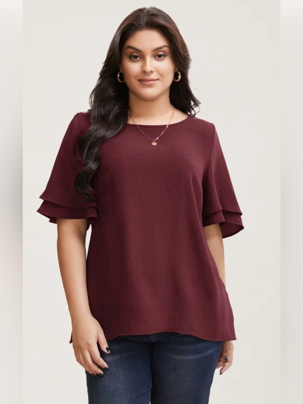 🆕NWT Burgundy Solid Tiered Ruffles Split Hem Blouse